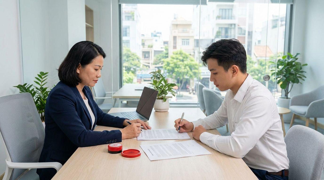 An employer and a new employee sit across a wooden desk in a small Vietnamese office, each signing their own copy of a contract beside a red company seal, with parked motorbikes visible through the window