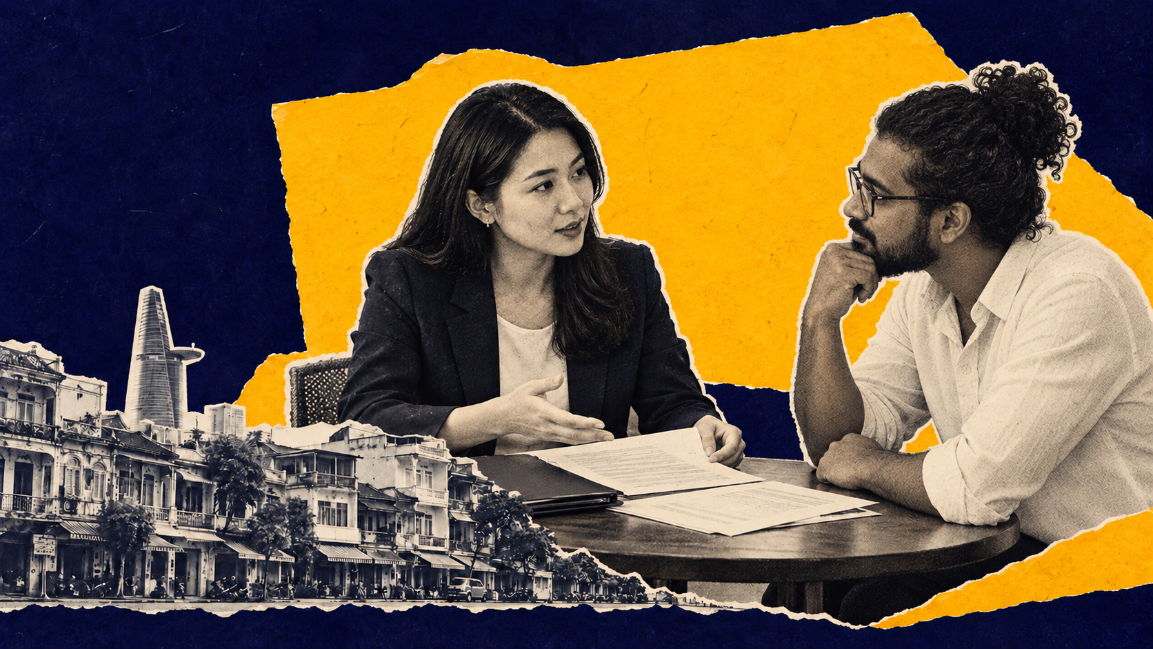 A collage of a lawyer in a dark suit talking across a table to a client, a signed document between them, with a row of colonial shophouses and a tower behind