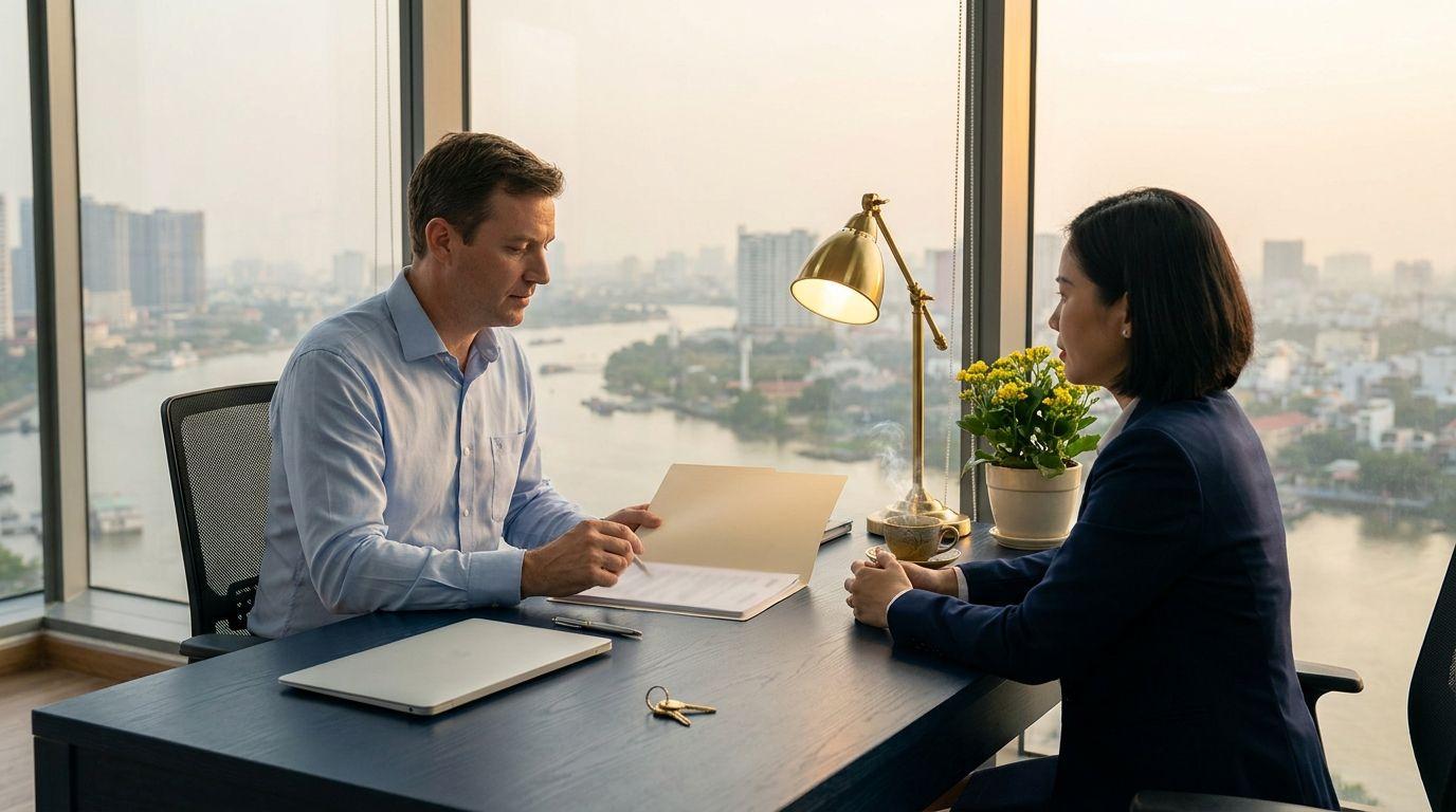 A founder reviewing company registration papers with an adviser at a desk in a Ho Chi Minh City office overlooking the Saigon River