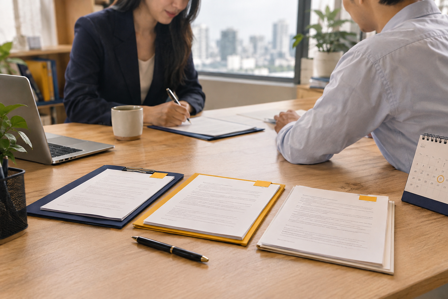 An employer and a new employee sit across a wooden desk in a small Vietnamese office, each signing their own copy of a contract beside a red company seal, with parked motorbikes visible through the window