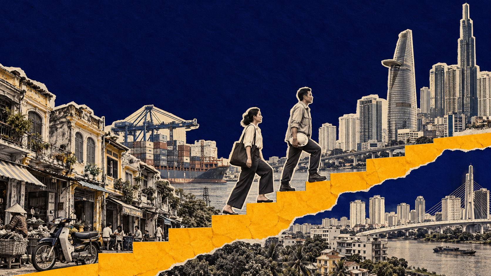 A collage illustration of a woman and a man climbing yellow steps that rise from an old quarter street of low shophouses, past a container port, to a modern riverside skyline of high-rise towers and a cable-stayed bridge