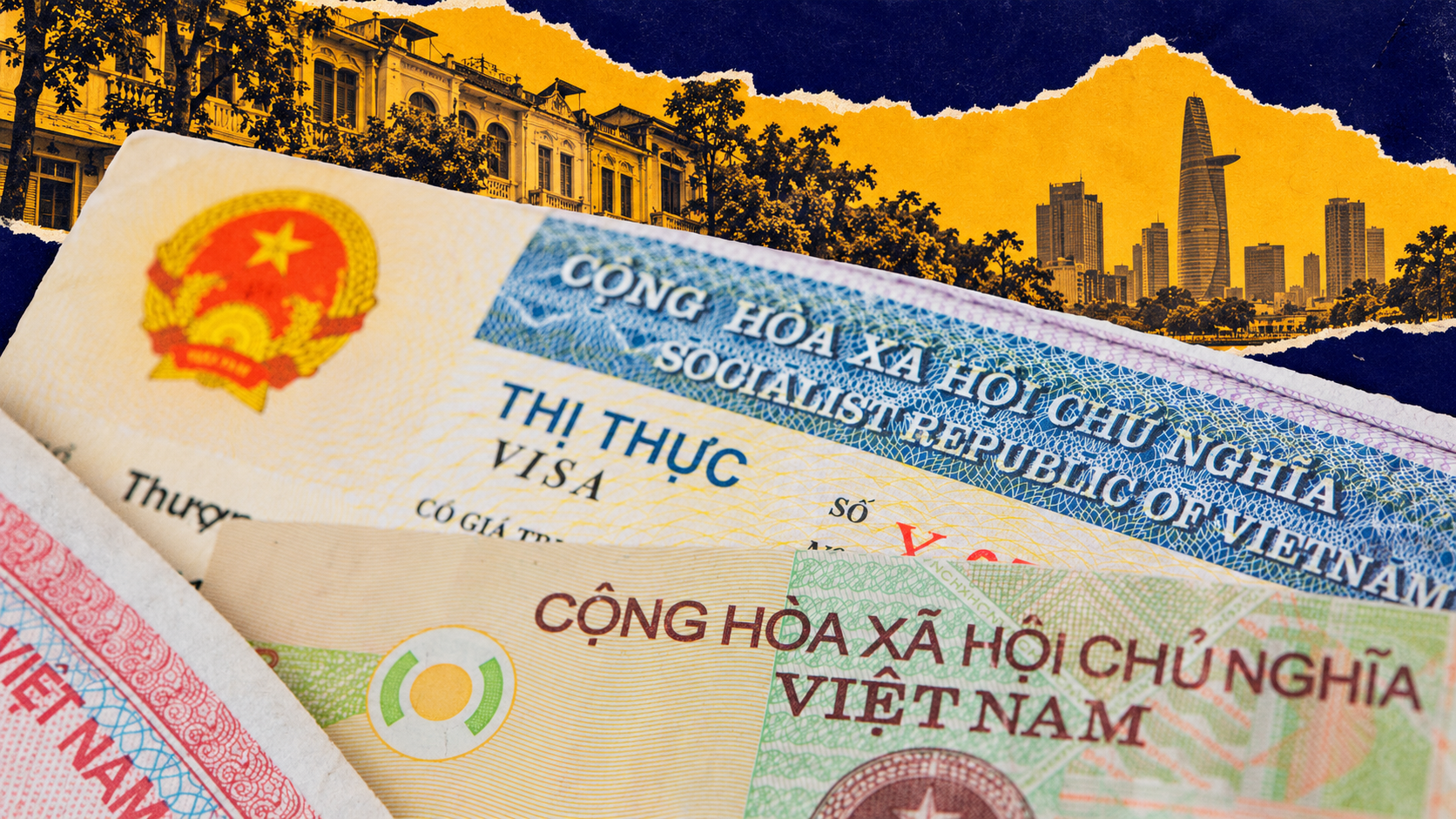 Close-up of a Vietnamese visa page and other official Vietnamese documents, layered over a torn-paper collage of a colonial building and a modern city skyline