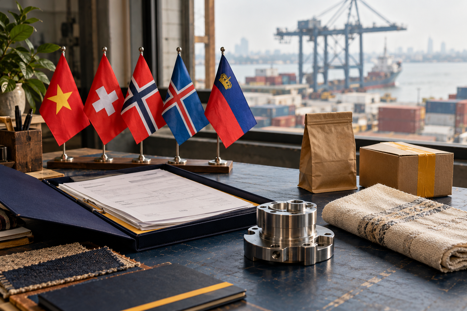 Five table flags for Vietnam, Switzerland, Norway, Iceland and Liechtenstein stand on a desk beside a signed document in a folder, fabric samples, a machined steel part and two parcels, with a container port through the window behind